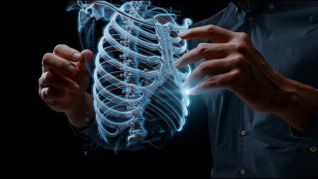 A man is holding a tablet and pointing at a skeleton. The skeleton is shown in a 3D format, with the man's hand hovering over it. Concept of curiosity and fascination with the human body