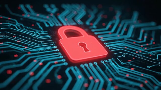 Abstract digital circuit board with a glowing red security lock icon symbolizing data protection and technology.