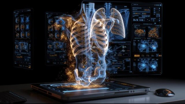 A computer monitor displays a glowing skeleton with a blue and orange aura. Concept of mystery and intrigue, as the glowing skeleton appears to be a projection of a person's internal organs