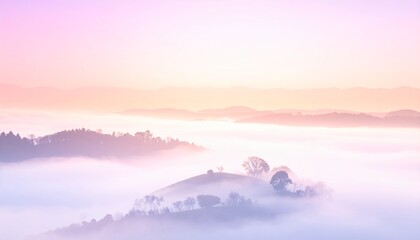 Ethereal Pastel Sunrise Over Misty Hills and Cloud Sea