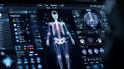 A computer monitor displays a skeleton and a brain. The skeleton is shown in a 3D model, and the brain is shown in a 2D model. Concept of scientific exploration and discovery - Powered by Adobe