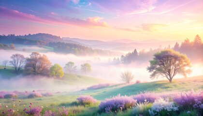 Vibrant Pastel Sunrise Over Misty Hills and Blooming Lavender Fields