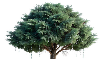 A beautifully decorated Christmas tree adorned with ornaments and icicles, set against a clean white background, creating a festive and inviting holiday atmosphere.