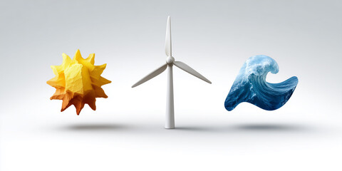Sun, wind turbine, and wave represent energy sources in a simple design focused on sustainability and environmental awareness at a creative studio