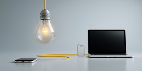 Modern workspace with a light bulb, laptop, and smartphone connected by a yellow cable in a simple setting during the day