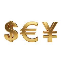 Obraz premium Golden dollar euro yen currency symbols isolated on transparent background