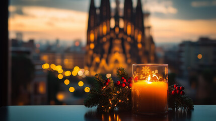Warm candlelight shines at dusk with a cathedral in the background during the holiday season with festive decorations and lights