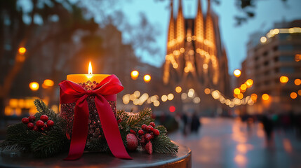 Festive candle with red ribbon shines at sunset near a decorated church among city lights during the holiday season