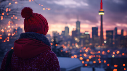 Person wearing a red hat admires the Toronto skyline at sunset with colorful sky and city lights in winter