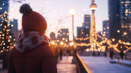 Winter evening stroll near city lights with a tall tower view and festive decorations on a chilly night