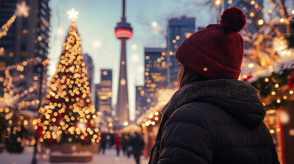 City square shines during winter evening as people enjoy holiday lights and admire Christmas tree under snowy twilight