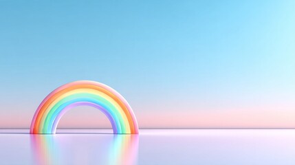 A soft pastel rainbow arches over a glossy reflective surface under gradient sky. Ideal for wellness blogs, LGBTQ+ content, and inspirational design sites. Style: 3D minimal render.

