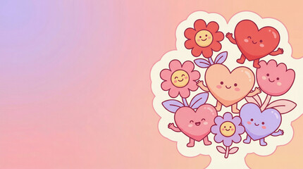 Charming pastel gradient background with adorable cartoon hearts and flowers, perfect for romantic, children's, or celebratory designs and greeting cards.
