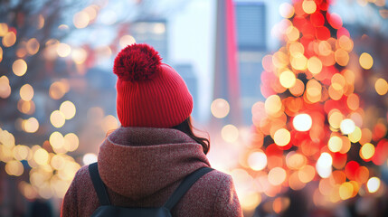 Woman stands near Christmas tree in city, enjoying festive lights on a winter evening with city skyline in background