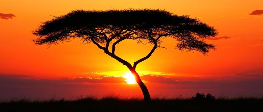 African savanna sunset silhouette single tree at golden hour