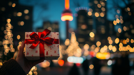 Holding a gift in hand against a city skyline with lights during the evening in downtown