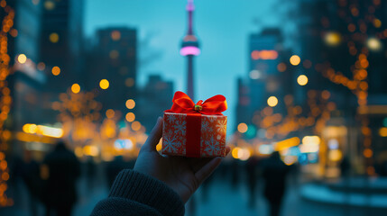 Hand holds wrapped gift with red bow in vibrant city full of holiday lights during twilight hours