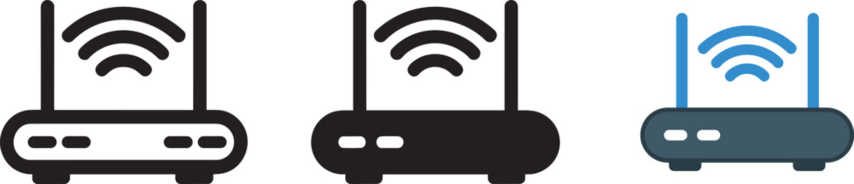 Wireless router device icons with signal waves and dual antennas for internet connectivity kit