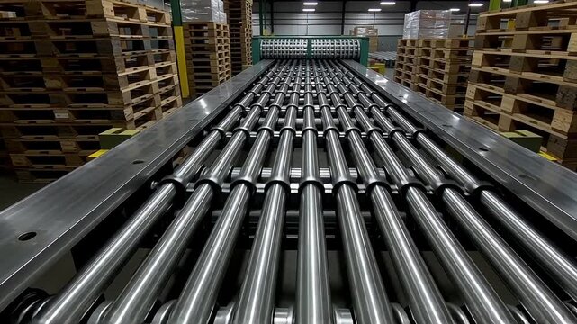 Industrial conveyor belt system with rows of metal rollers in a warehouse setting