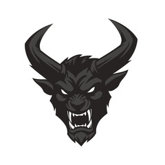 Black Demon Head with Horns Illustration.