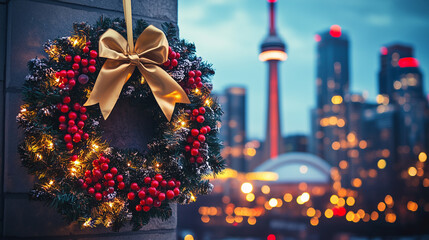 Holiday wreath with golden bow hangs on a wall in front of city skyline as dusk settles with lights sparkling in Toronto