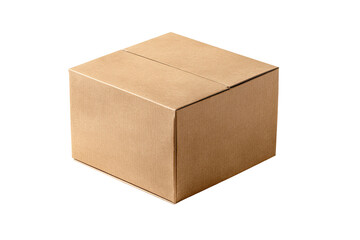 A light beige cardboard box, closed and upright, sits against a black background.  The box has a simple, unadorned, rectangular shape with a visible seam down the middle
