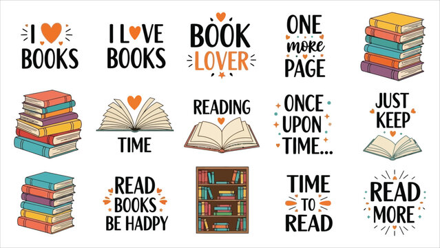 Book reading quote vector. Cartoon book stacks with phrases like &ldquo;Read More&rdquo; and &ldquo;Book Lover&rdquo; for posters, social media, and stationery..eps