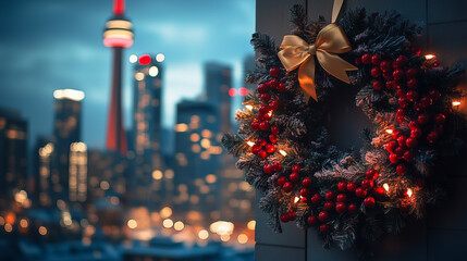 Christmas wreath with red berries and golden bow on balcony overlooking Toronto skyline at dusk creating a festive scene
