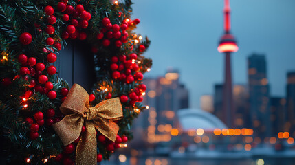 Festive wreath with berries and bow in front of Toronto skyline during the holiday season at night