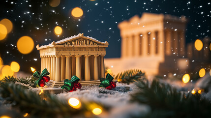 Winter scene features model of ancient temple with holiday decorations and soft snowfall at night creating a cozy atmosphere