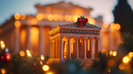 Miniature temple display with decorative lights in outdoor setting during evening hours
