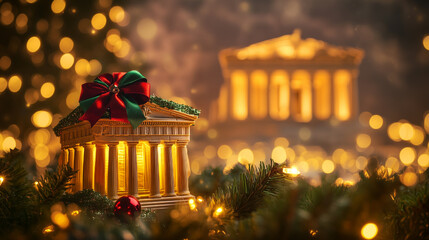 Festive display of a historic building model with holiday lights and decorations during the Christmas season