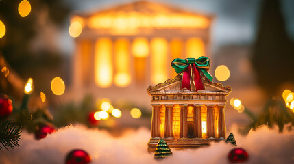 Miniature temple stands in winter scene with Christmas lights and a warm building in the background during festive season