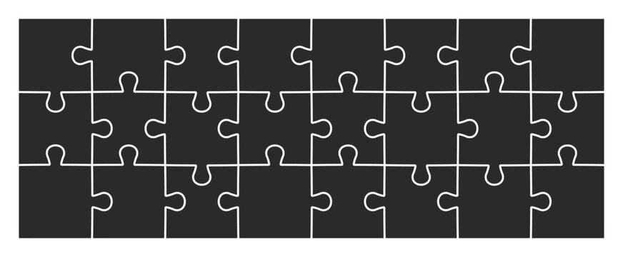 Clean, horizontal jigsaw puzzle template featuring a grid of 24 interlocking pieces