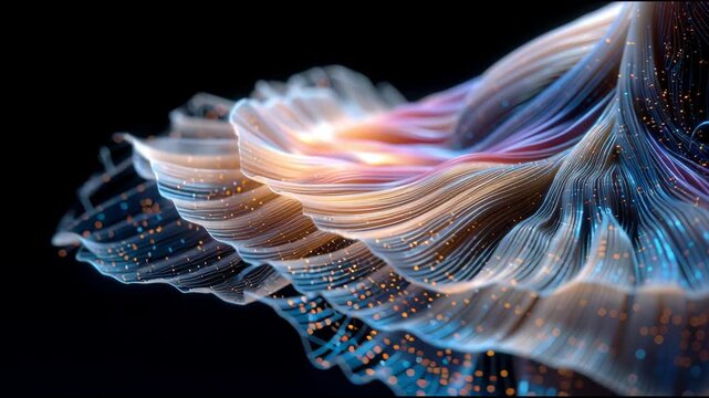 A colorful, abstract image of a flower with a blue and orange hue. The image is a representation of a flower with a long stem and a large, flowing petal. The colors are vibrant