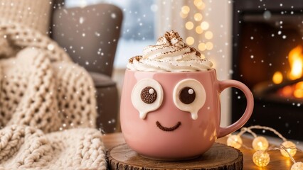 Kawaii hot chocolate mug with marshmallow eyes and a cocoa smile, styled in a warm cozy winter setting, creating a comforting, playful drink concept with soft lighting.