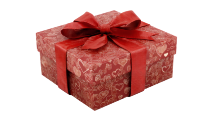 Valentine’s Day gift box with satin ribbon, elegant product style, isolated on a white background