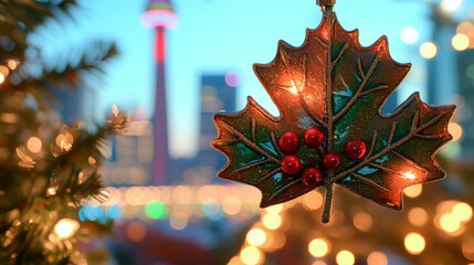 Decorated ornament with city skyline in background during holiday season in Toronto at twilight