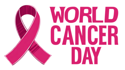 
World Cancer Day typography symbol with ribbon shape, clean awareness icon, isolated on a white background.