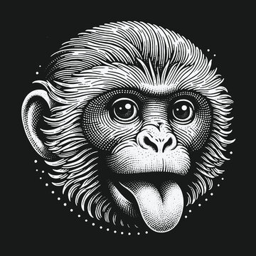Engraved monkey head with tongue out playful primate illustration.