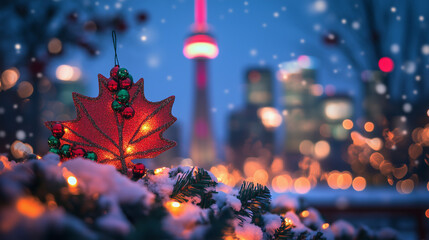 Festive holiday decoration with red maple leaf ornament and Toronto skyline during twilight snowfall