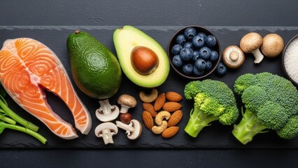 Fresh ketogenic diet ingredients for healthy eating, including salmon, avocado, broccoli, blueberries, mushrooms, and nuts on a dark background.