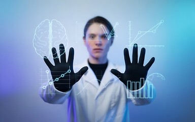 Futuristic scientist interacting with holographic data