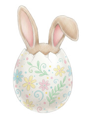 Fototapeta premium Bunny Ears Popping Out Of Easter Egg showing cute rabbit hiding inside cracked shell with floral pattern for spring holiday presented as colored pencil sketch.