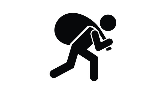 Stick figure silhouette of a person running away with a large bag on their back