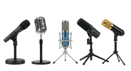 Variety of Microphones on Stands for Recording, Podcasting, Singing, Music Production