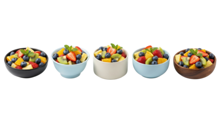 Colorful Fresh Fruit Salad in Five Different Bowls, Healthy Dessert