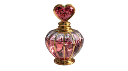 Romantic perfume bottle with heart shaped cap, luxury Valentine gift, isolated on a white background