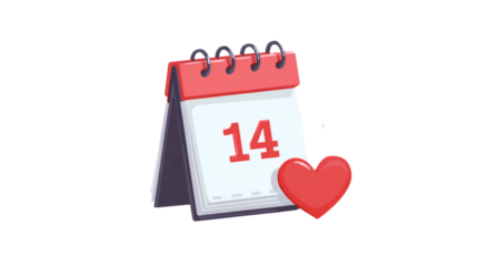 Valentine’s Day calendar icon highlighting February 14, flat clean design, isolated on a white background