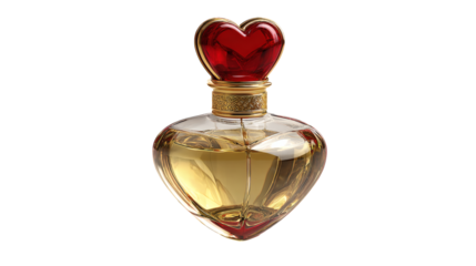 Romantic perfume bottle with heart shaped cap, luxury Valentine gift, isolated on a white background